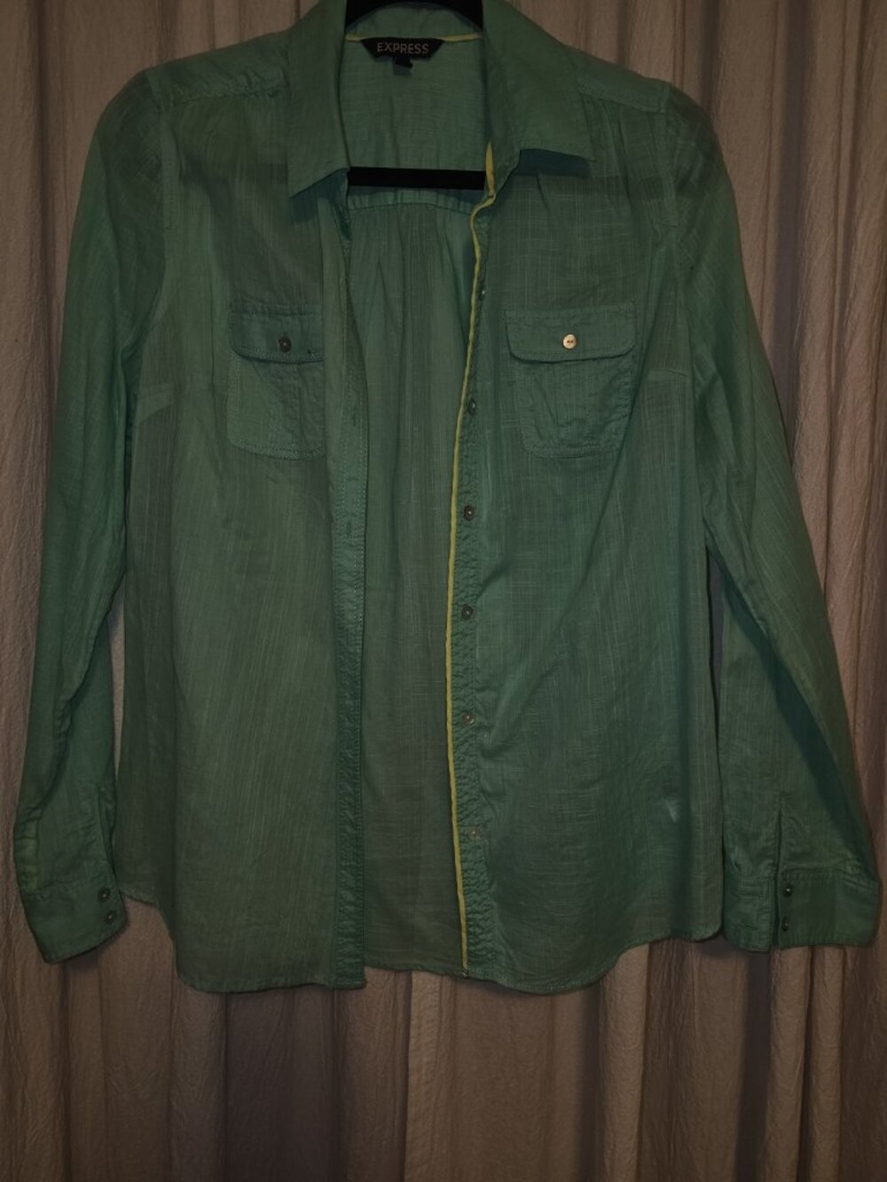 Express Mint Green Cotton Button Down Shirt Yellow Trim Size S